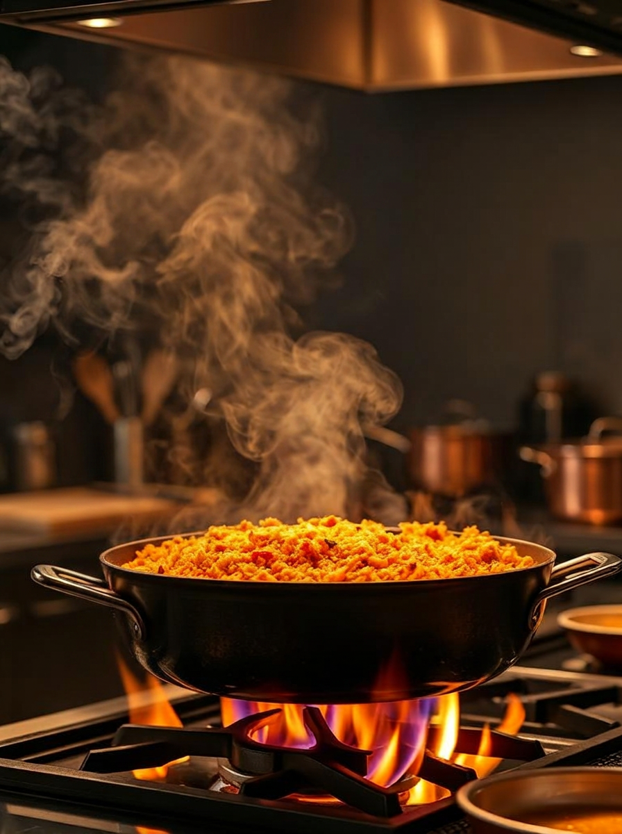 Chef cooking fresh jollof in a pan